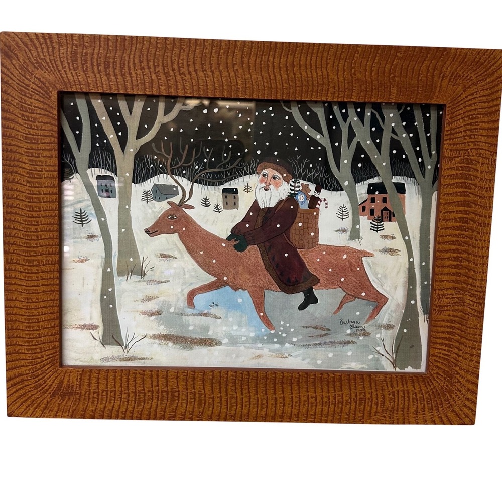 Barbara Olsen Folk Art Signed Winter Reindeer Christmas Print Framed 15x12